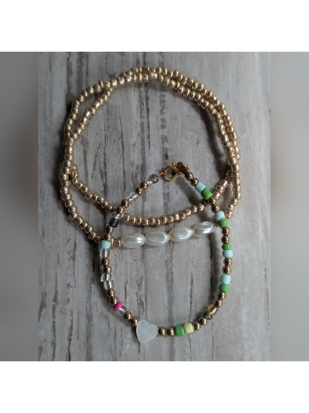 Gold Beaded Necklace With Colorful Heart Bracelet